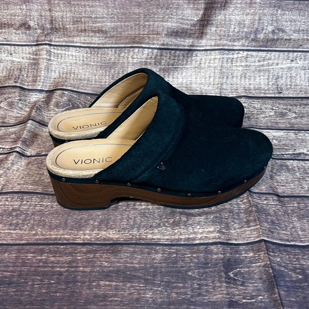 Vionic‎ Kacie Black Suede Platform Clogs Studded Mules VW18254 Womens 9 - Picture 2 of 10